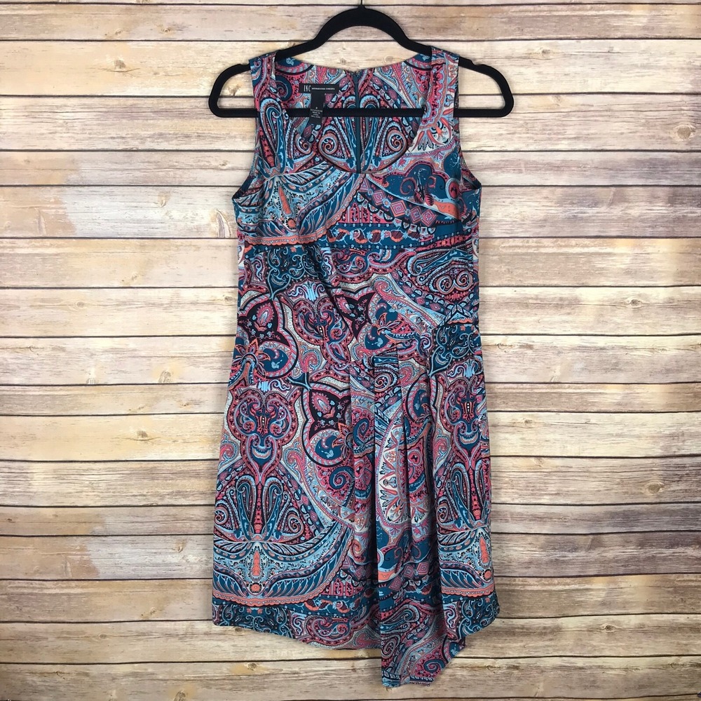 INC Concepts Dress Womens 2 Blue Paisley Shift Pleated Sleeveless Scoop Neck